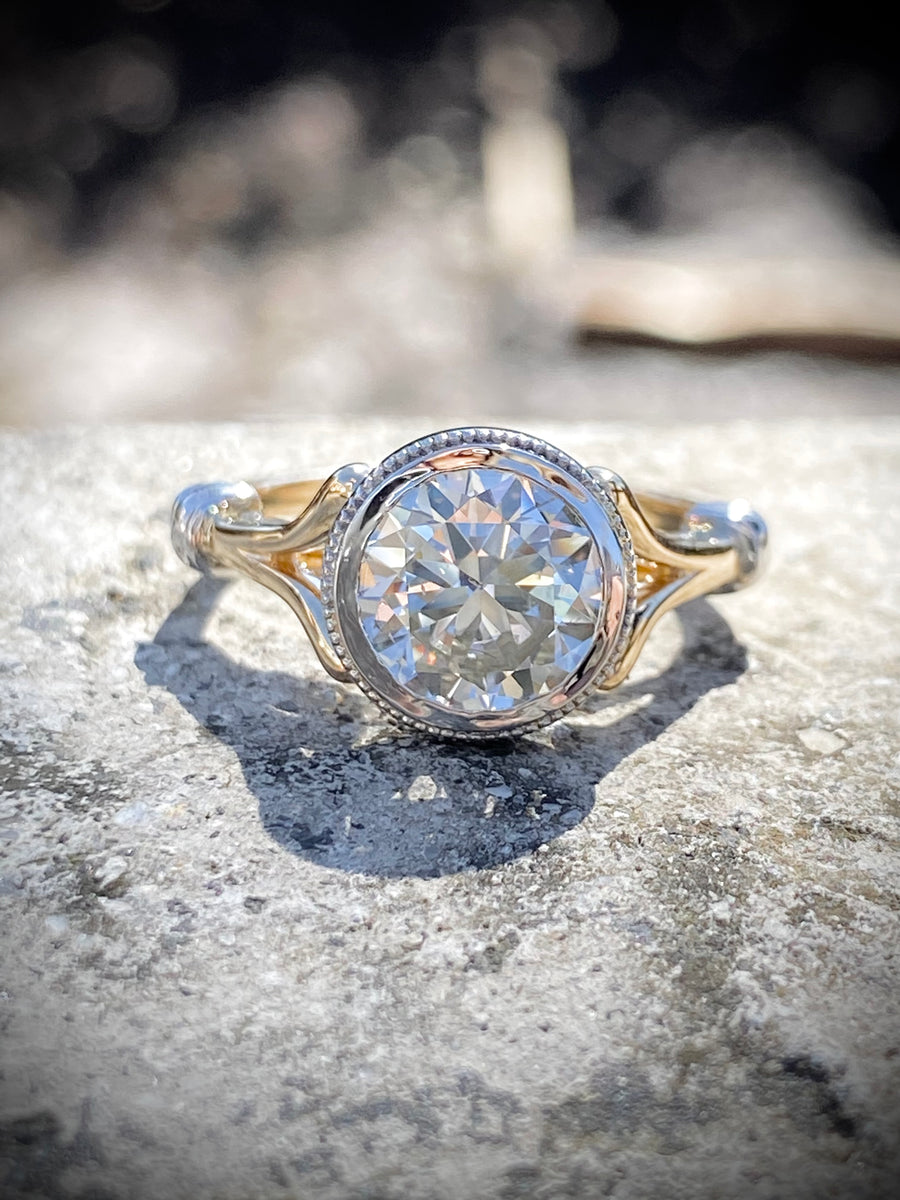 2.06 Ct Round Bezel Set Diamond Engagement Ring 14K & Platinum