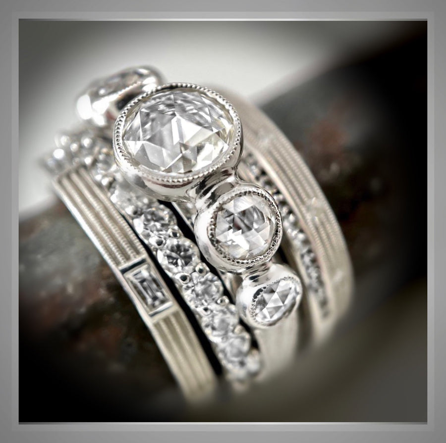 2 Carat Five Stone Rose Cut Diamond, Bezel Set Antique Style Platinum Ring VS2
