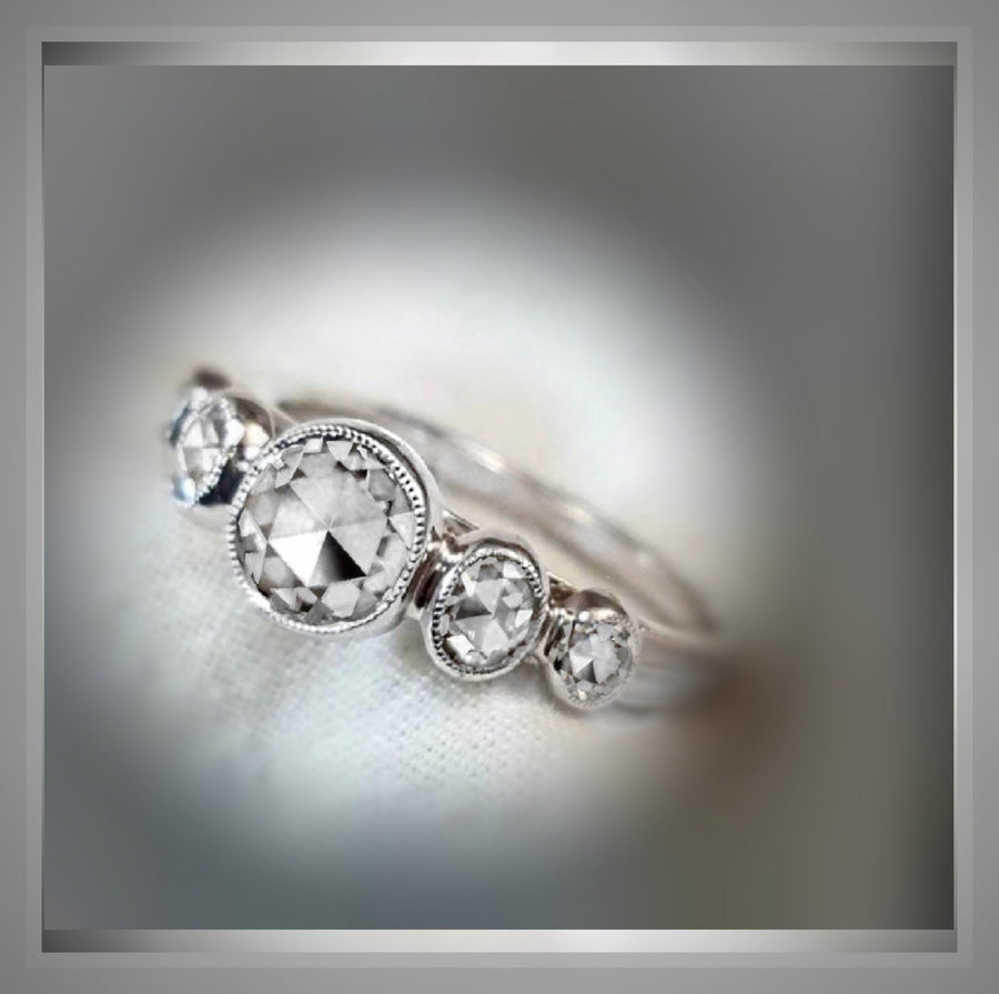 2 Carat Five Stone Rose Cut Diamond, Bezel Set Antique Style Platinum Ring VS2