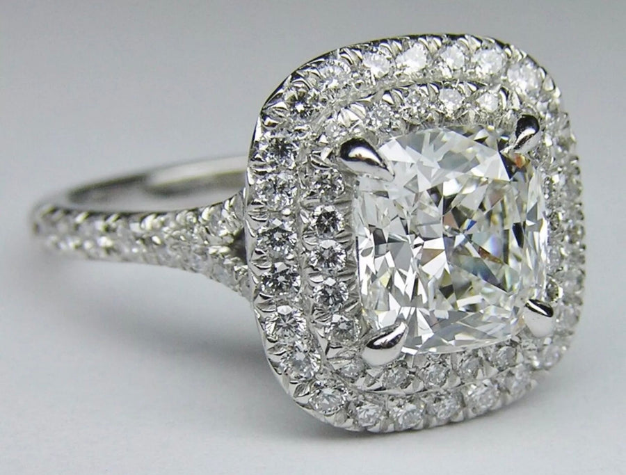 1.57 Ct  Split Shank Cushion Shaped Halo Diamond Engagement Ring VS2 14K WG