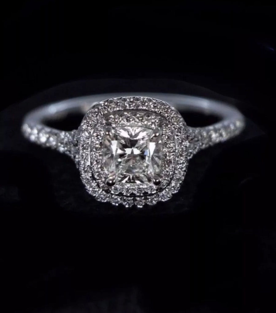 1.57 Ct  Split Shank Cushion Shaped Halo Diamond Engagement Ring VS2 14K WG