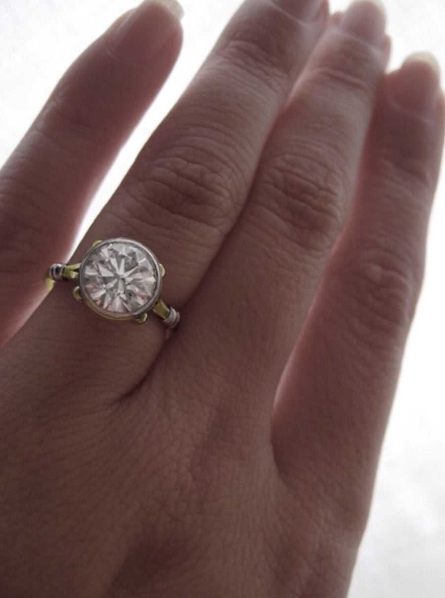 2.05 Ct Round Bezel Set Diamond Engagement Ring 14K & Platinum VS2