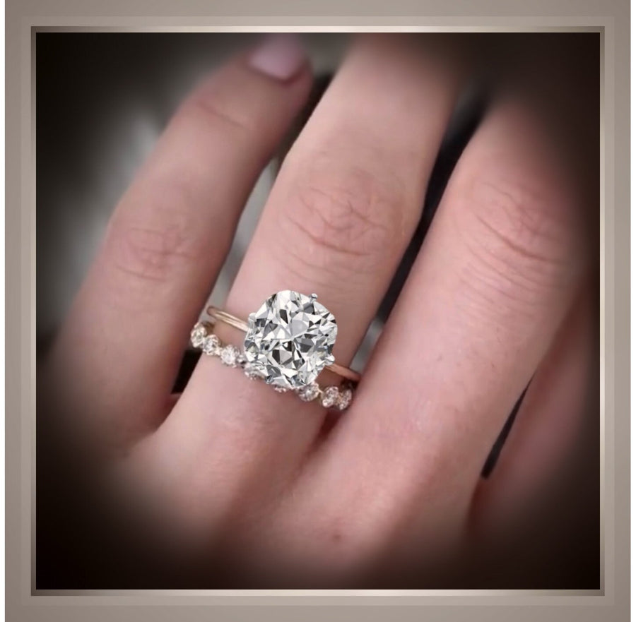 3.04 Ct Cushion Cut Diamond Solitaire  Compass set Engagement Ring  VS2 G 14K & Platinum with *** FREE WEDDING BAND