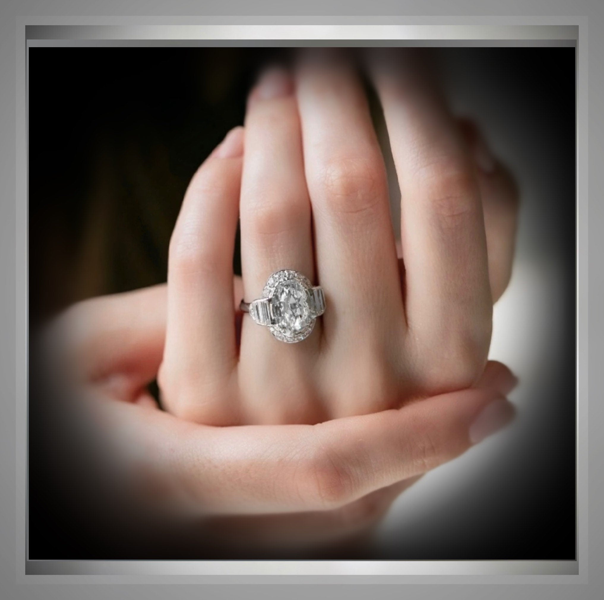 3.51 Ct   Art Deco Antique Style Oval Diamond Halo  Engagement Ring  VS2 G Platinum  Circa 1935