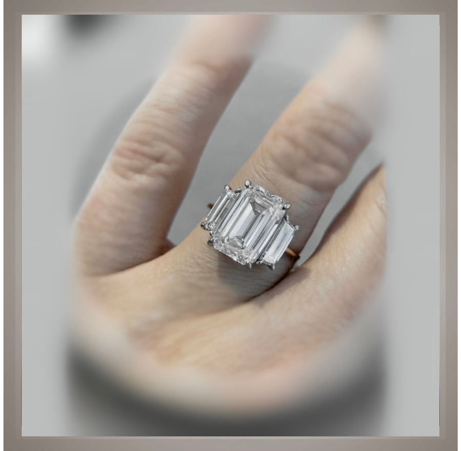 6.50 Ct Emerald Cut Diamond Ring W/ Trapezoids VS1 F IGI Certified